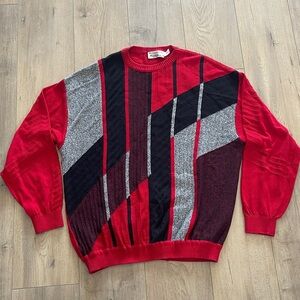 Vintage St. Croix Knit Sweater Sz L 3D Geometric Art Red Black Gray 80's Cosby